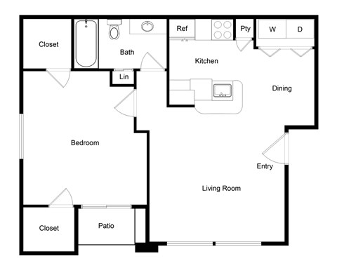Floor plan for 1 bed, 1 bath, 622 sqft